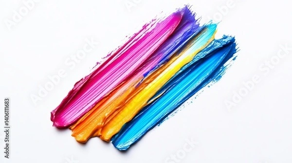 Fototapeta Smear and texture of lipstick or acrylic paint isolated on white background. Stroke of lipgloss or liquid nail polish swatch smudge sample. Element for beauty cosmetic design. Rainbow color