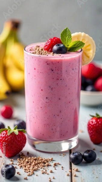 Fototapeta clean flat lay of smoothie ingredients: banana, berries, yogurt, chia seeds on light background, pastel tones