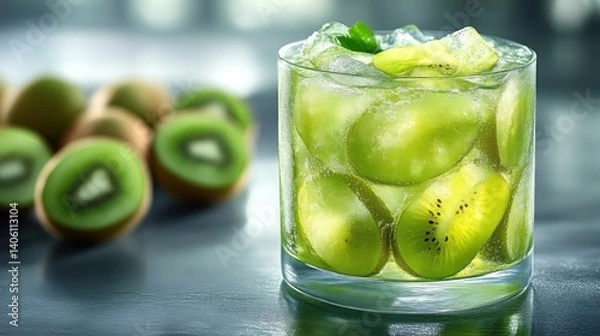 Obraz Refreshing Kiwi Cocktail with Ice and Slices in a Glass Perfect for Summer Drinks Healthy Bev
