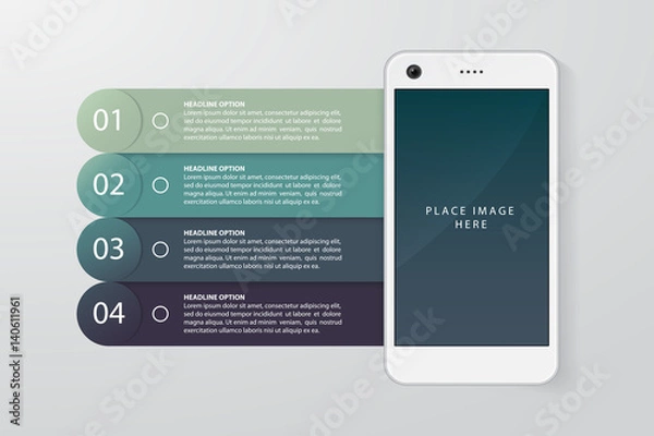 Fototapeta Smartphone realistic illustration with flat infographics elements. Template for website, business presentation, demonstration of mobile application development. Vector eps 10.