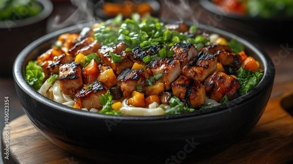 Fototapeta Steaming Bowl of Grilled Chicken and Vegetables with Noodles Fresh Herbs and Colorful Garnish