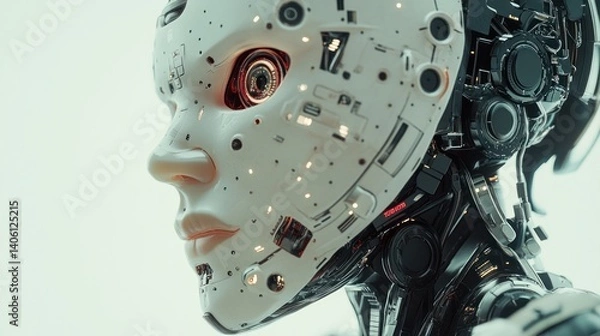 Obraz A robotic brain with digital data streams and AI interfaces, highlighting the fusion of human and machine in futuristic technology
