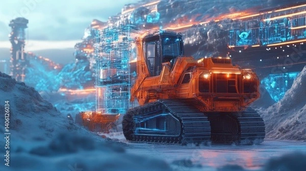 Fototapeta A self-driving construction vehicle building infrastructure in a harsh, futuristic environment with digital elements.
