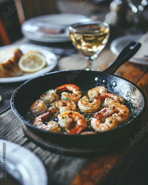 Fototapeta Sizzling Shrimp in Cast Iron Pan with Wine and Garnish on Table