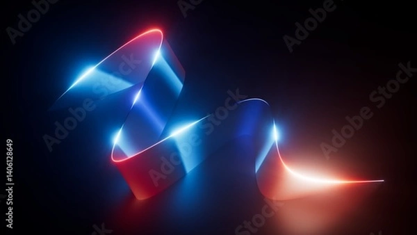 Fototapeta 3d render. Abstract geometric background. Curvy ribbon glowing with bright neon light in the dark. Blue and red gradient. Modern wallpaper with aesthetic vibes