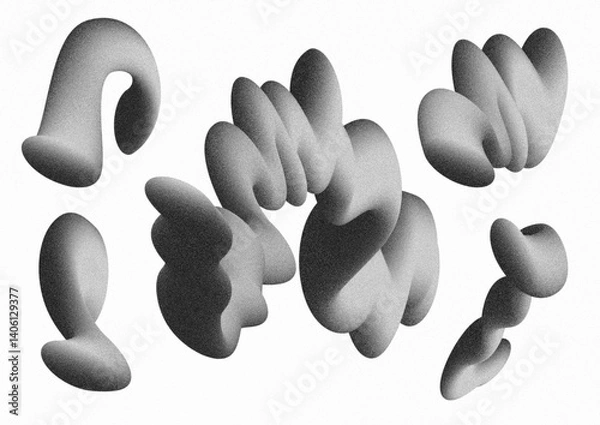 Obraz 3d render. Set of abstract chubby design elements and wavy doodles with a grainy noise effect, isolated on a white background