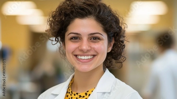 Fototapeta Smiling healthcare professional in a laboratory setting during daylight hours engaged in a moment of connection and teamwork while wearing a white coat