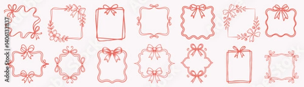 Fototapeta Elegant collection of vintage bow and ribbon frame illustrations. Hand-drawn ink line vector borders with a wavy, quirky, coquette aesthetic. Perfect for wedding and birthday invitations, party decor,