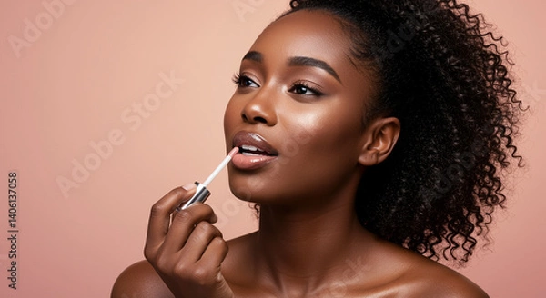 Fototapeta Beautiful African American woman applying lip gloss for makeup and beauty routine with shiny skin and curly hair against a peach background