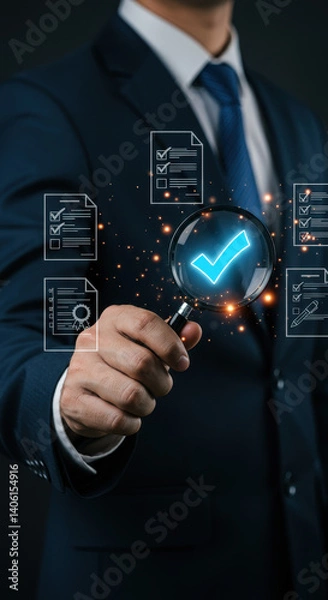 Fototapeta Quality Check: Magnifying Glass Showing Approval, Compliance, and Standards. Ensuring Accuracy & Verification.