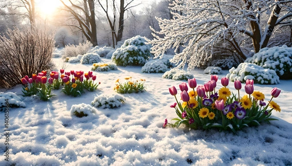 Fototapeta Frozen grass and colorful flowers defy winter’s chill, glowing with icy beauty amidst snow-covered trees—nature’s vibrant resilience preserved in a crystal garden