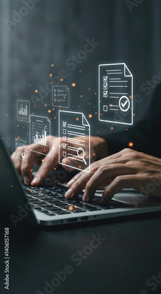 Obraz Data Driven Decisions: Typing on Laptop with Digital Document & Analytics Icons. Boost Productivity & Success!