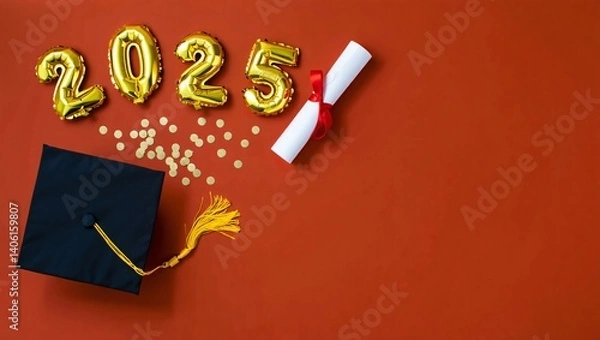 Fototapeta  Graduation 2025 Celebration with Cap, Scroll, and Gold Balloons, top view