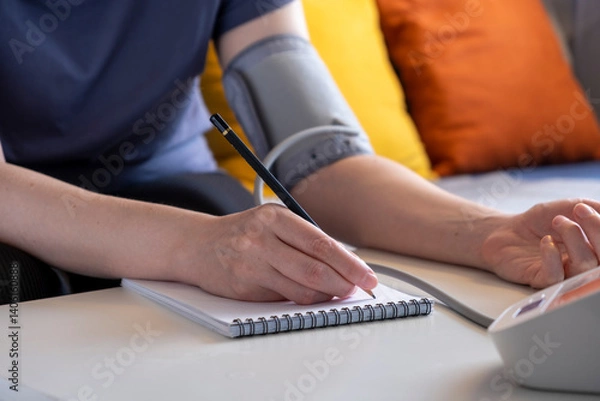 Fototapeta Young woman control blood pressure with BP monitor and records results in notebook.