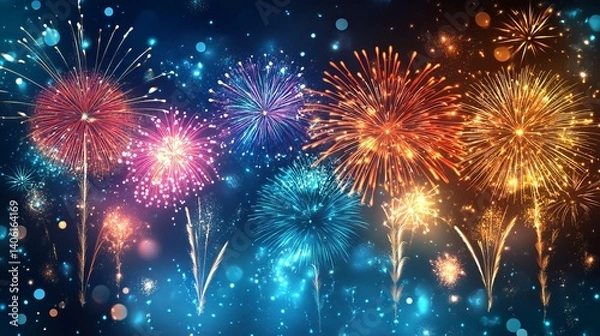 Fototapeta A vibrant display of fireworks illuminating the night sky with bursts of color and light