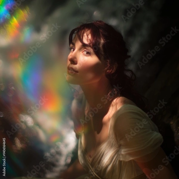 Fototapeta Nymph in enchanted waterfall, ethereal portrait, rainbow light refraction and negative space on right