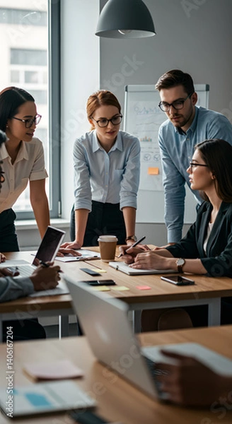 Fototapeta Diverse team collaborates on business strategies at a modern office meeting, fostering innovation and achieving common goals. Teamwork.
