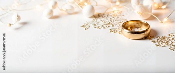 Obraz Elegant wedding invitation with gold patterns and rings, romantic design