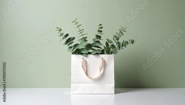 Fototapeta White paper bag with eucalyptus leaves on green background, paper bag mockup