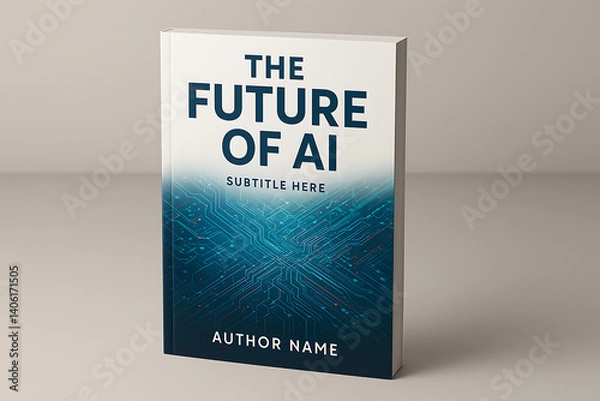 Fototapeta Modern Book Cover Design for The Future of AI with Circuit Pattern in Blue Gradient Featuring Author Name on Beige Background for Technology and Innovation Publication