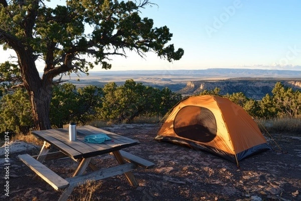 Fototapeta Camping tent on cliff overlooking scenic landscape travel and adventure
