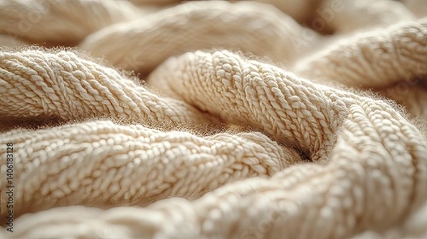 Fototapeta Close-up view of soft, textured beige knitted fabric.