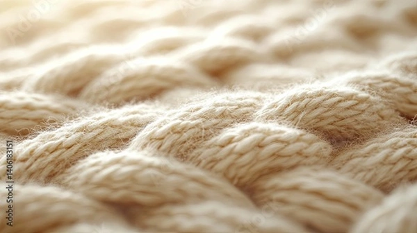 Fototapeta Close-up view of soft, textured, cream-colored knitted fabric.