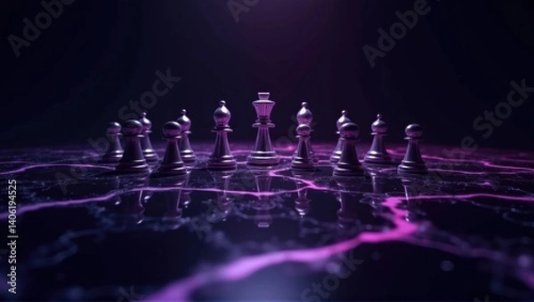 Obraz A dramatic close-up of a chessboard with white chess pieces in a strategic formation, illuminated by purple lighting, creating an intense, mysterious atmosphere. Generative, AI,
