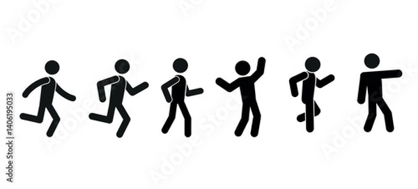 Fototapeta stick man walking, running, dancing, set of human figures in different poses, pictogram, group of people, flat vector illustration