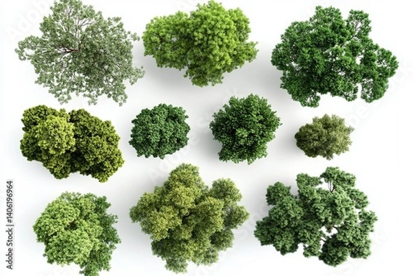 Fototapeta Aerial view of various green trees arranged on a white background showcasing different tree species