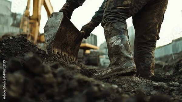 Fototapeta Construction worker operating a bulldozer at a construction site. Featuring heavy machinery use