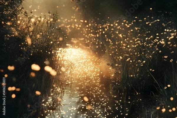 Fototapeta The golden stream of summer mountain streams