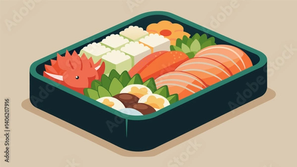 Fototapeta A decadent bento box filled with premium ingredients including fresh slices of sashimi real crab meat and truffleinfused rice.. Vector illustration
