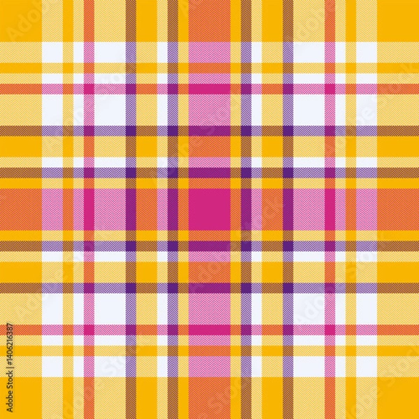 Fototapeta Vibrant yellow, pink, and purple plaid pattern.  Perfect for textile design, website backgrounds, or fashion projects. This cheerful and energetic design evokes feelings of warmth and optimism.