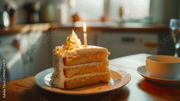 Fototapeta A piece of cake with one candle stuck in it.