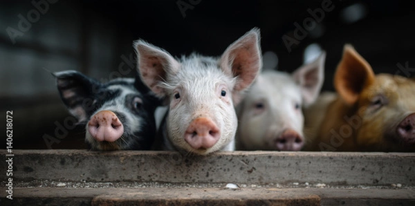 Fototapeta Group of piglets in a farm as livestock trade export animals.