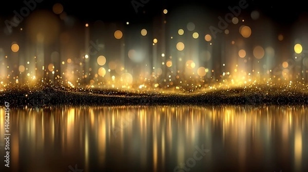Fototapeta Golden glitter sparkles on dark reflective surface