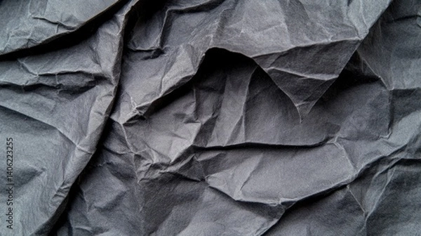 Fototapeta Dark wrinkled paper backdrop in charcoal hue - textured surface, refined background, deep black, elegant shade, paper folds, monochromatic tone, solid hue, sophisticated design, detailed texture.