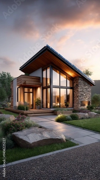 Fototapeta Modern, eco-friendly house design with large windows and stone facade