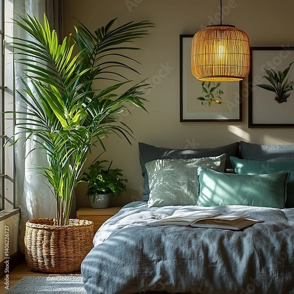 Fototapeta Serene bedroom interior with indoor plants, comfortable bed, soft lighting, and artistic wall decor for a relaxing atmosphere.