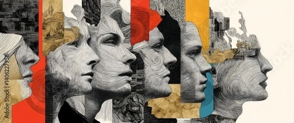 Fototapeta Profiled faces, textured, collaged art