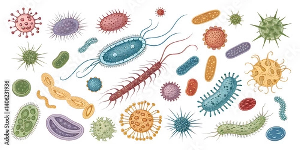 Fototapeta various bacteria and pathogens on a transparent background