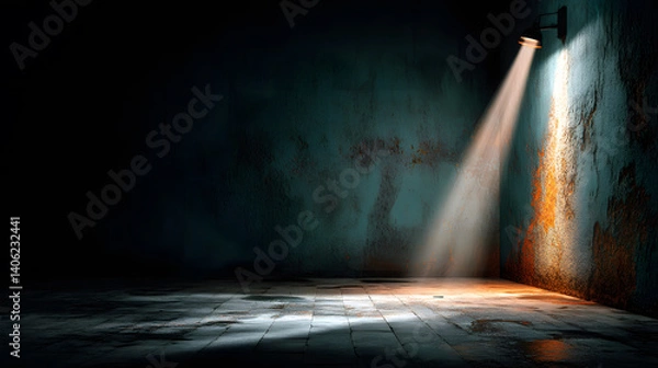 Fototapeta A dramatic spotlight shines on a textured, weathered wall, creating a moody, empty space.