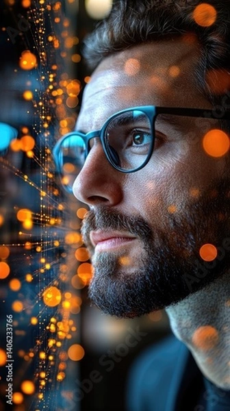 Fototapeta Man with glasses, looking at an abstract orange and blue glowing lights display with focused expression