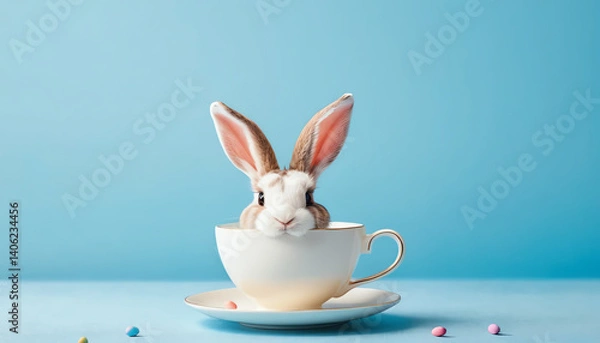 Fototapeta A cute bunny peeks out from a teacup against a soft blue background, adding charm and whimsy to your design.