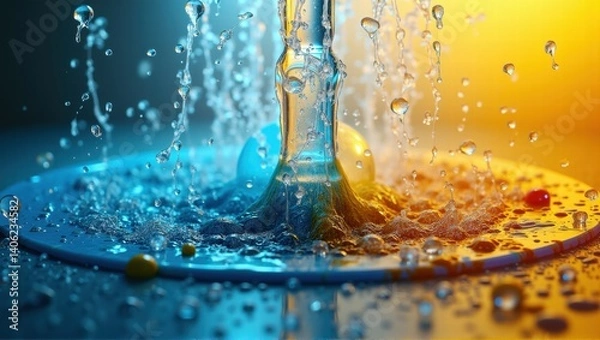 Obraz A close-up of water splashing, creating droplets around a central column of water. The scene features vibrant blue and orange lighting, highlighting the dynamic motion of water. Generative, AI,