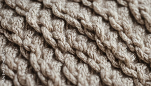 Obraz Close-up of textured knitted fabric showcasing intricate patterns and soft fibers, ideal for cozy fashion and handmade projects.