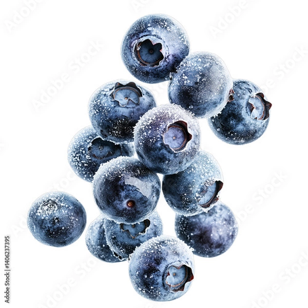 Fototapeta Falling frozen blueberries with frost. Isolated white background. Png format