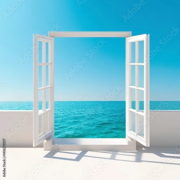 Obraz Tranquil Ocean View Through Open White Window Frame in Bright Daylight