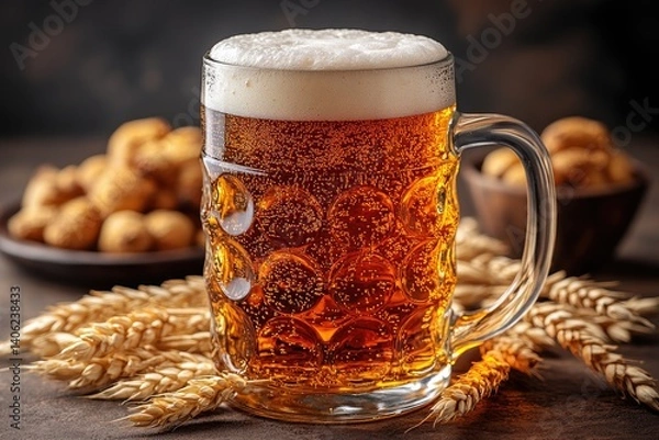 Fototapeta Full glass beer, wheat, and nuts on table. Amber liquid beverage